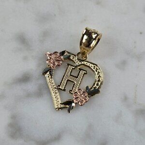 Womens 10K Yellow & Rose Gold Initial Letter " H "  Heart Pendant 0.9g E7143